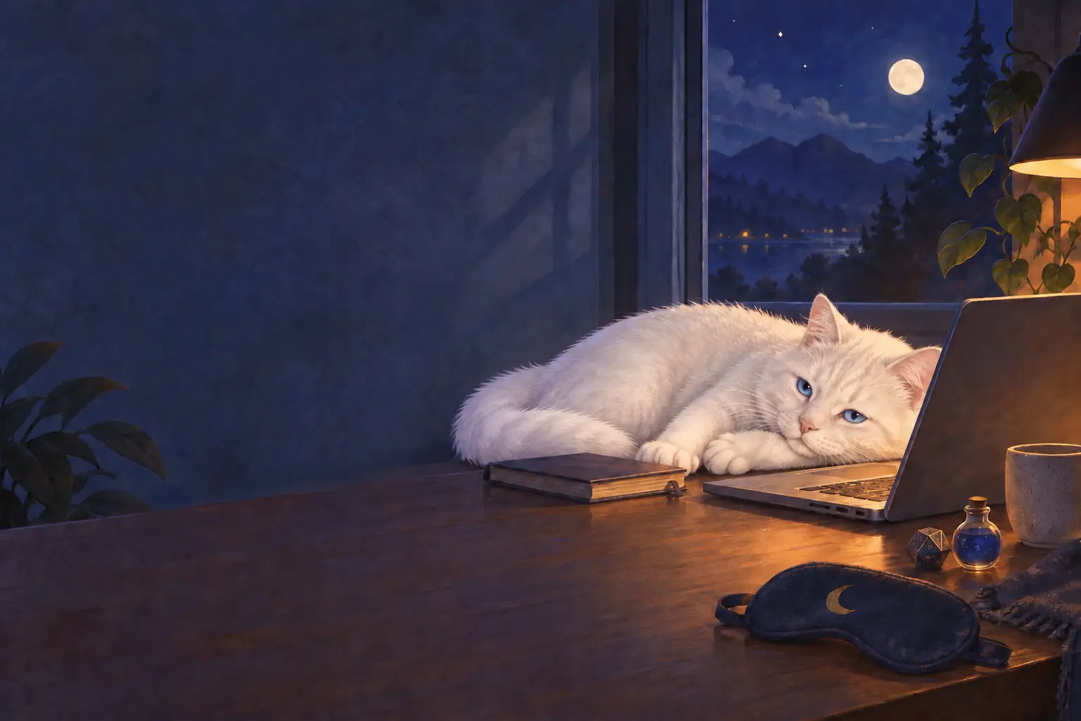 An ice-blue-eyed white cat stretching out beside a desk at night